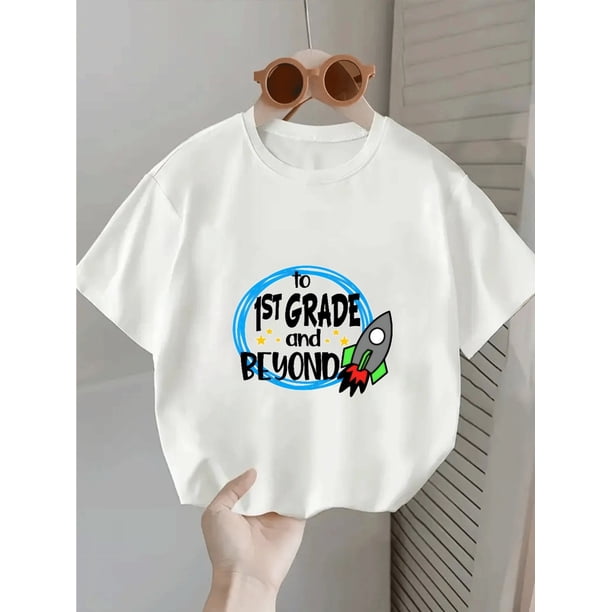 Girls' Black T-Shirt with "1st Grade and Beyond" Rocket Design - Soft Stretchy Fabric, Short Sleeve Round Neck Tee for Spring/Summer, Cute Geometric Print for Youngsters, Youngsters'S Playw