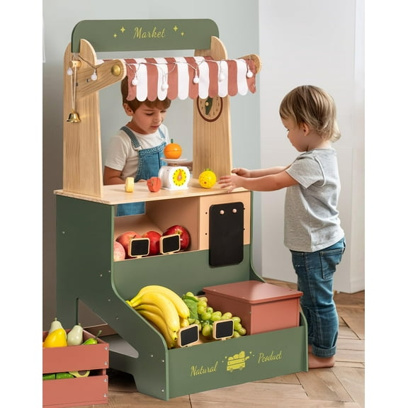 Robud Wooden Grocery Store Playset, Kids Play Store, Realistic Pretend Play Set with Lights, Chalkboard, Gift for Boys Girls 3 
