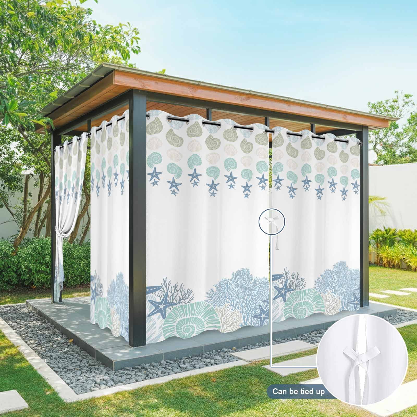 Blue Sea Outdoor Curtains for Patio, Nautical Ocean Watercolor Shells Coral Starfish Sunshade Privacy Drapes Grommet Waterproof Outside Curtains for Porch/Cabana/Balcony 54"x 108", 1 Panel