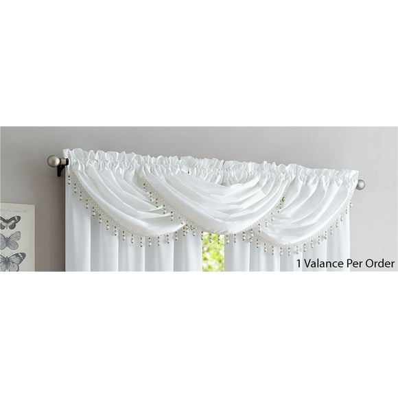 Bridget Crushed Satin Waterfall Valance With Decorative Fringe, White, 48x37 Inches