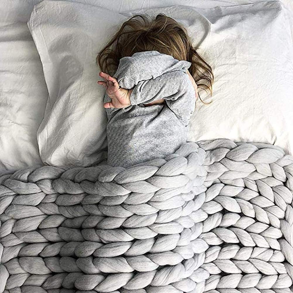 Zecatl Chunky Knitted Blanket Handmade Chunky Knitted Wool Blanket Merino Wool Yarn Arm Knitting Throw Pet Bed Chair Sofa Gray 60 60cm Grey 60