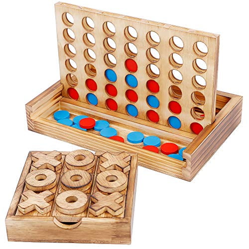Glintoper Tic Tac Toe & 4 in a Row Tables Game Set, Classic Board Line Up 4  Game for Living Room Rustic Table Decor and Use as Game Top Wood Guest 