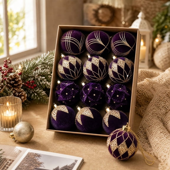 Flocked Christmas Ball Ornaments Set of 12, Textured Xmas Tree Baubles, Hanging Holiday Decorations for Tree Wreath Home Party Decor - Purple
