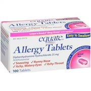 Equate Diphenlydramine Hydrochloride 25 mg Antihistamine Allergy Tablets, 100 Count