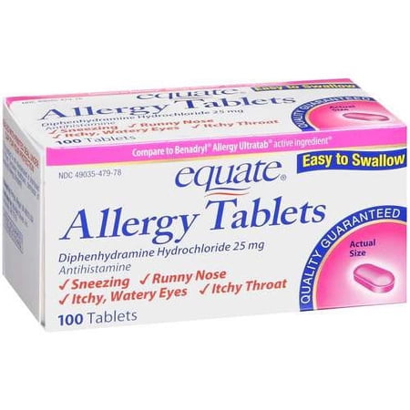 Equate Diphenlydramine Hydrochloride 25 mg Antihistamine Allergy Tablets, 100 Count