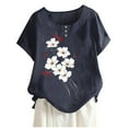 thumbnail image 3 of Dazajoo Floral Linen Tops for Women Casual Short Sleeve Summer Shirts Round Neck Lightweight Cotton Blouses,Navy,M, 3 of 5