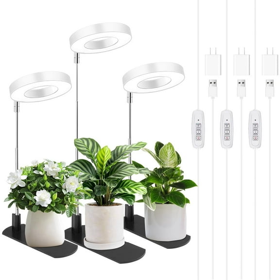 Grow Light for Indoor Plants, Height Adjustable Plant Grow Lamp with Auto On/Off Timer 4/8/12H, 4 Dimmable Brightness, for Small Plants, White, 3 Packs