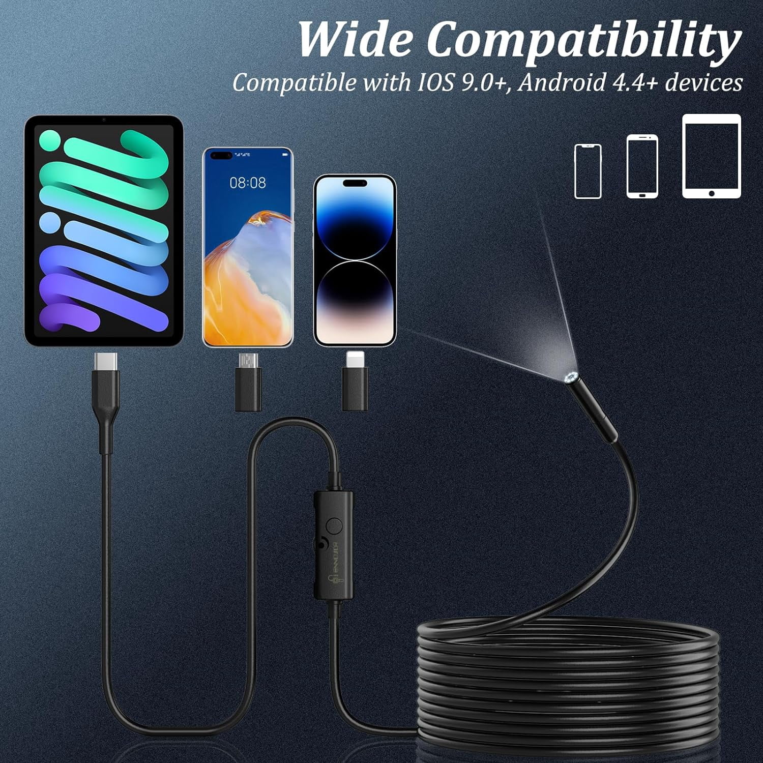 Endoscope Camera with Light, 1920P HD Borescope with 8 Adjustable LED Lights, 16.4ft Semi-Rigid Snake Camera, IP67 Waterproof 7.9mm Inspection Camera for iOS & Android