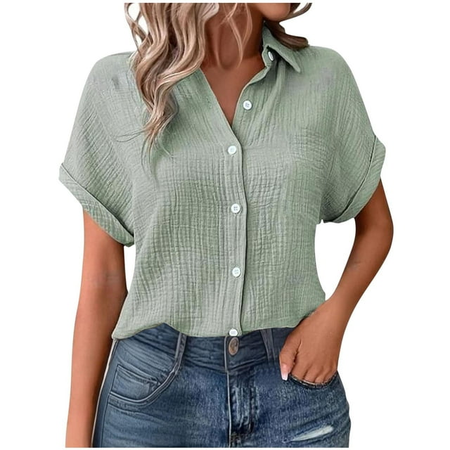 Mgmyaa Womens Button Down Shirts Casual Short Sleeve Dress Shirt Textured Collared Summer Work Blouse Tops
