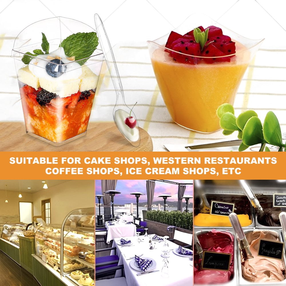 DLUX Lot 100 Mini Tasses Dessert 90 Ml Avec Couvercle & Cuillère – Verres Jetables/Réutilisables