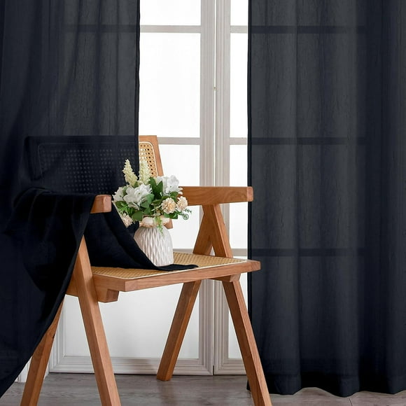 Crushed Textured Black Sheer Curtains 63 Inch Length 2 Panels Rod Pocket Window Sheer Light and Airy Panels Crinkled Design for Flat/Apartment, 51 W