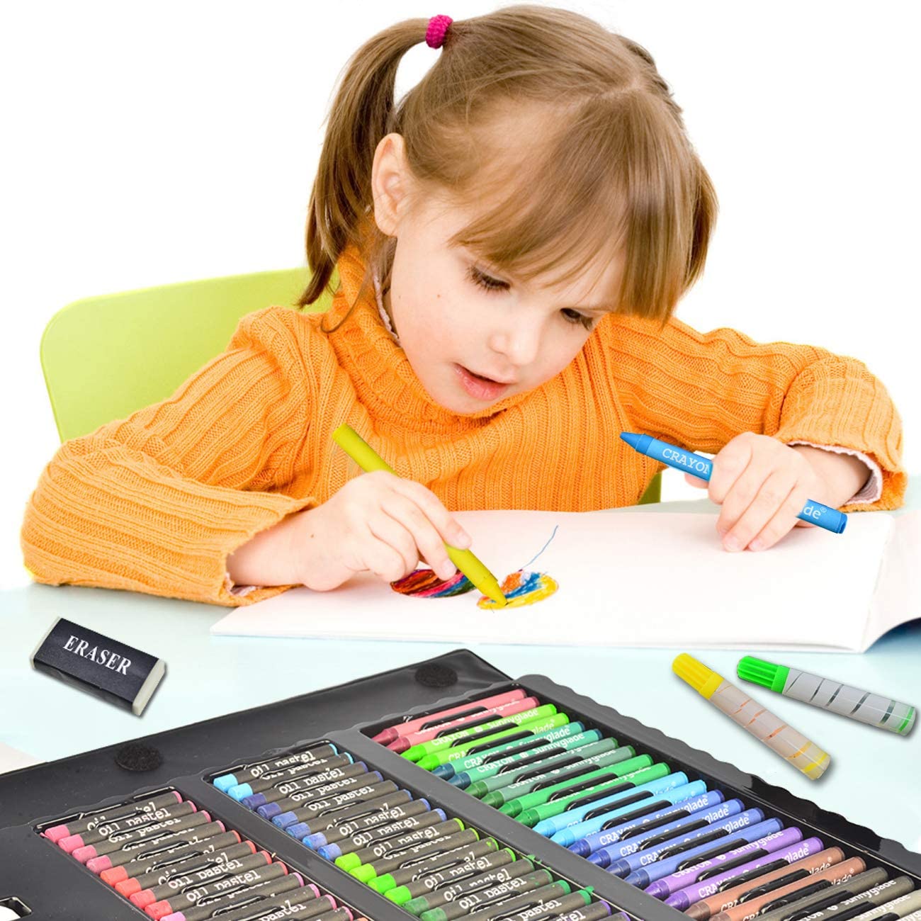 185 Pieces Double Sided Trifold Easel Art Set, Drawing Box with Oil Pastels, Crayons, Colored Pencils, Markers, Paint Brush, Watercolor Cakes, Sketch Pad