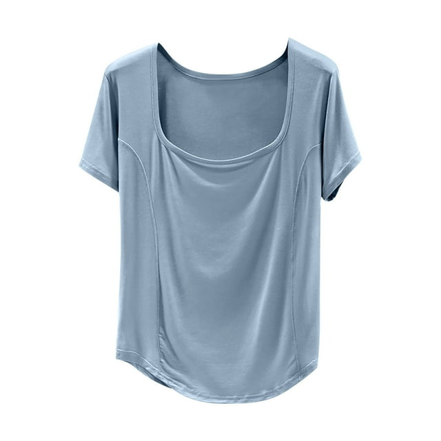 Camiseta de Manga Corta Mujeres Moda de Verano Yoga Casual Cuello Cuadrado Delantero Hombro Recto Cuello Redondo Superior