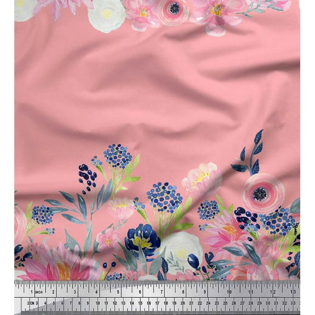 Soimoi Tissu en Voile de Coton Rose Imprimé Floral Ranunculus & Chrysanthème 1 Yard 58 Pouces de Large
