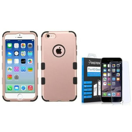 Insten Hybrid 3-Layer Protective Hard PC Outer/Silicone Inner Case for iPhone 6 6s - Rose Gold (+ Tempered Glass Screen (Best Tempered Glass Pc Case)
