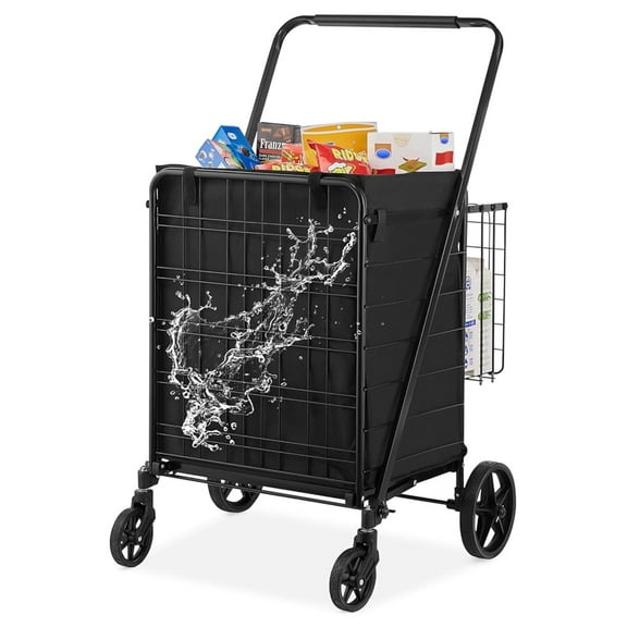 Folding Shopping Cart with Removable Waterproof Liner, 330LBS Large Capacity Jumbo Grocery Cart with Dual Basket, 360° Swivel Wheels, Dense Metal Mesh Base, Heavy Duty Utility Cart for Shopping