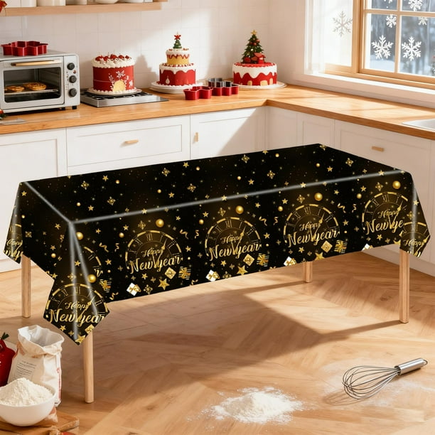 Mantel de Plástico para Fiesta de Nochevieja, Color Negro, Blanco y Dorado, Ideal para Año Nuevo. Suministros para Decorar La Mesa.