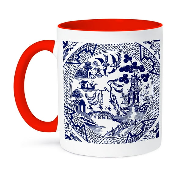 3dRose, Willow Pattern Detail in Blue and White, 11oz Two-Tone Red Mug