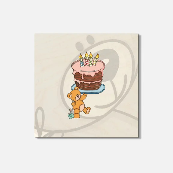 Teddy Bear With Cake Animal 4'' X 4'' Square Wooden Coaster