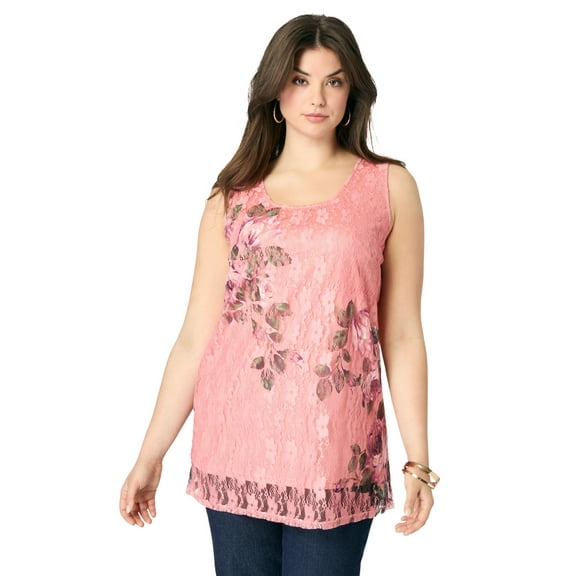 Roaman's Women's Plus Size Printed Lace Tank