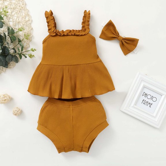 SDJMa Summer Girls' Children's Clothing Sleeveless Suspender Top Shorts Bow Headband Three-piece Set