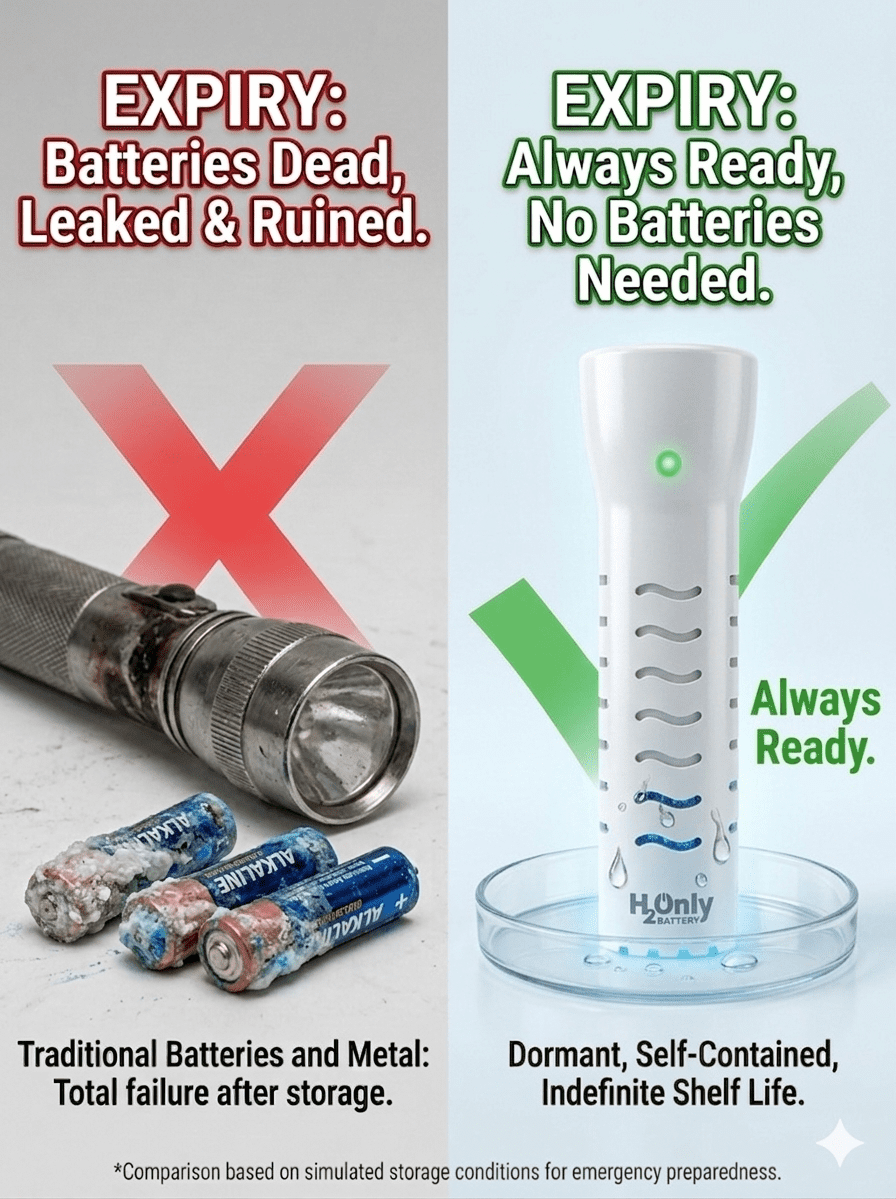 H2OnlyBattery Flashlight - No Batteries Needed - Water Powered (or Any Liquid)- No Expiration Date - 67 Lumens, Emergency Light - Last up to 1500 Hours-White