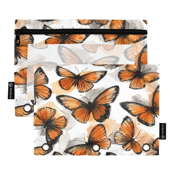 2 Pack 3 Ring Binder Pouch with Clear PVC Window Water Resistant Zipper Pencil Pouch Orange Sketch Butterfly Pattern Binder Pocket for Classroom Office Home Stationery Organization