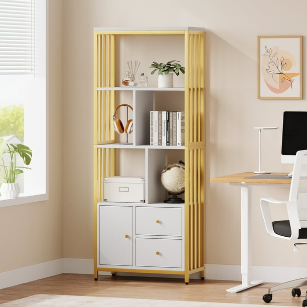 ChaoLink Librero con estantería y gabinete de almacenamiento con 2 cajones, estantería blanca y dorada, estantes de 5 niveles para dormitorio, sala de estar u oficina