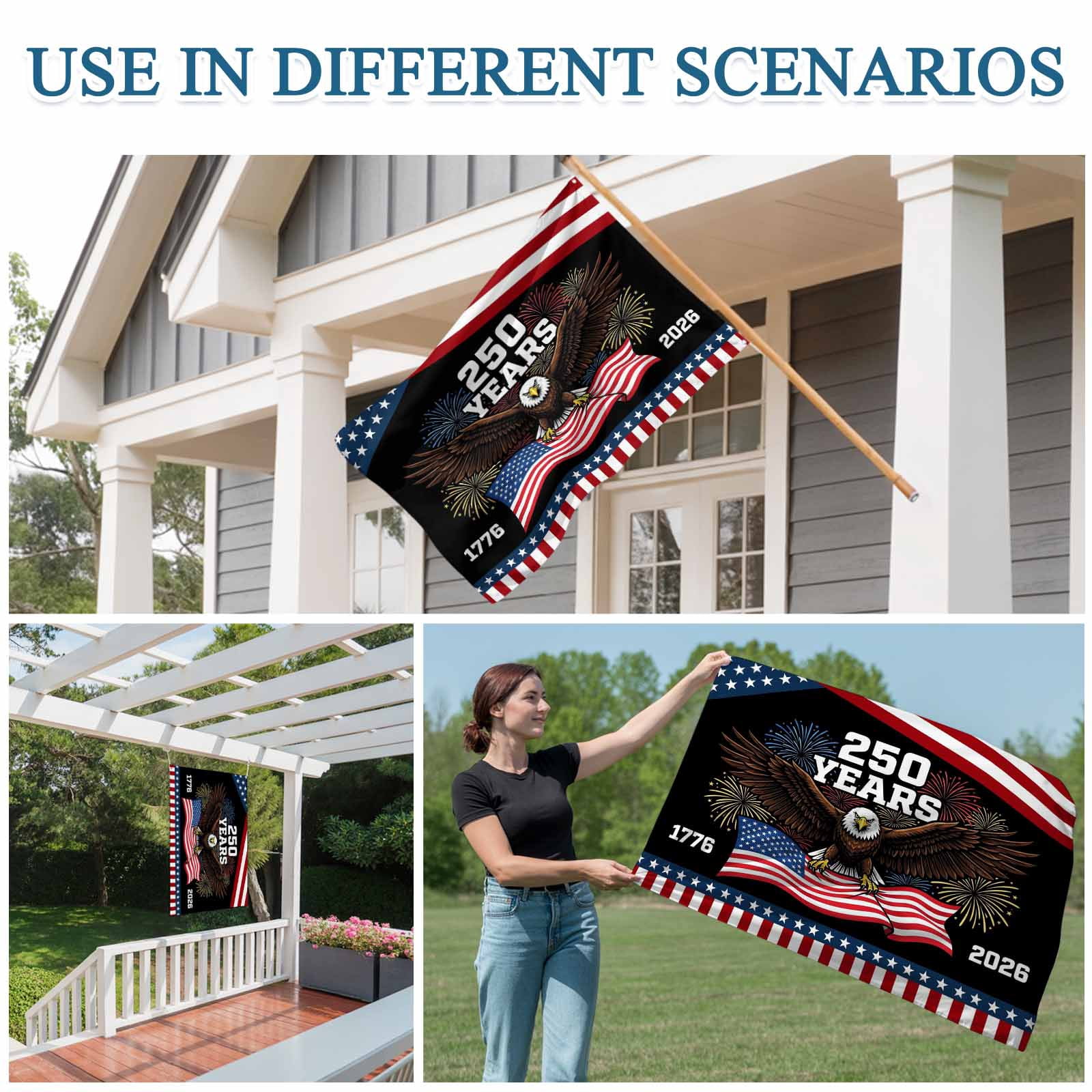 4th of July Flags for Outside 3x5 ft Years Outdoor Flags Double Sided Grommets House Banner Patriotic USA Flag Eagle Fireworks Patio Yard Flag for Outdoor Party Porch Independence Day Decor
