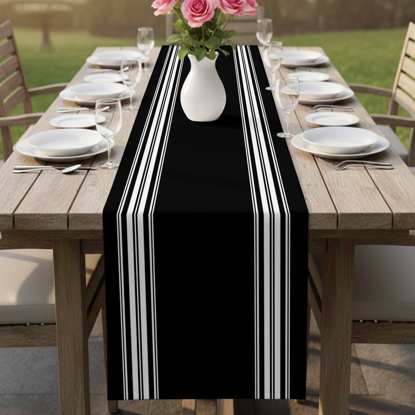 Black Striped Table Runner, Farmhouse Black White Stripes Washable Cotton Linen Table Runners 120 Inches Long, Dresser Scarf Runner for Dining/Living Room/Kitchen/Square Tables 13''x120''