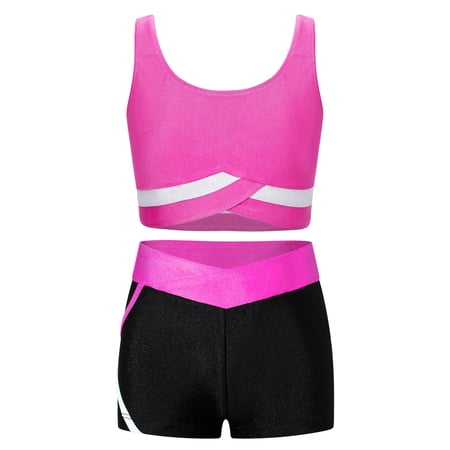 Eandarui Kids Girls Gymnastic Ballet Dance Outfits Sleeveless Crop Tops and Booty Shorts Tracksuits Hot Pink 16