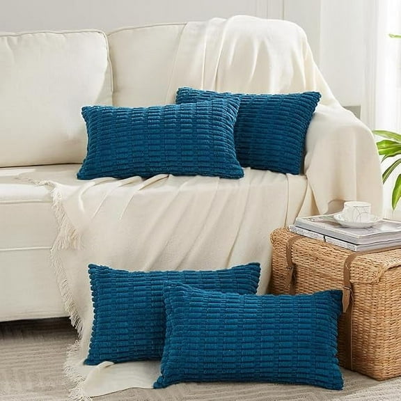 Wanhoo 4 Packs Teal Lumbar Decorative Throw Pillow Covers 12x24 Inch for Living Room Couch Bed Sofa, Farmhouse Boho Home Decor, Soft Striped Corduroy Rectangle Cushion Case 30x60 cm