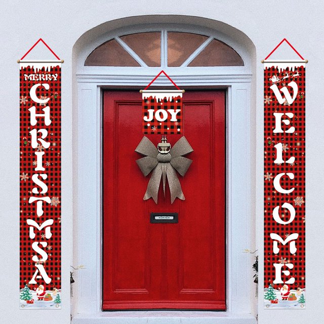 Décorations de Noël pour Porche, Bannière Joyeux Noël, Panneau de Porche de Noël - Grandes Décorations de Porte d'Entrée de Noël Extérieur, Décoration de Noël à Carreaux Rouges Extérieur, Panneaux de Jardin de Noël - 71”x14”