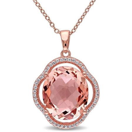 Tangelo 5-1/2 Carat T.G.W. Simulated Morganite and Cubic Zirconia Rose Rhodium-Plated Sterling Silver Flower Halo Pendant, 18