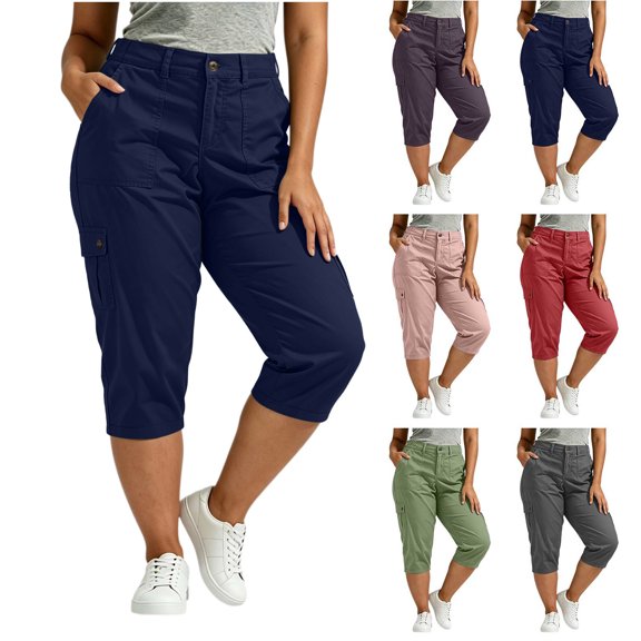 Aezemi Women Plus Size Cargo Capri Pants Button Elastic Waist Hiking Lightweight Outdoor Capris Sports Travel Casual Comfy Cute Crop Trousers XXL