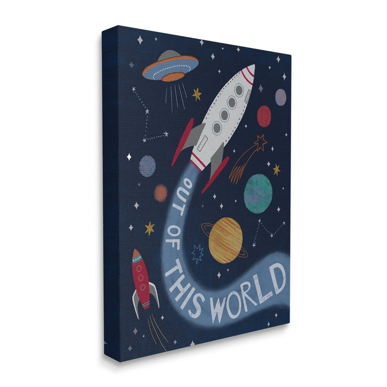 Stupell Industries Out Of This World Text Flying Rocket Ship Galaxy Canvas Wall Art, 16 x 20, Design by Nina Seven