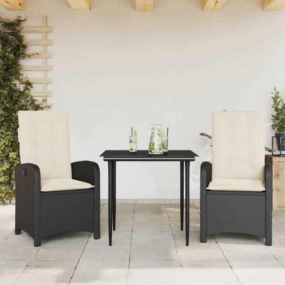 vidaXL 3 Piece Patio Dining Set with Cushions Black Poly Rattan