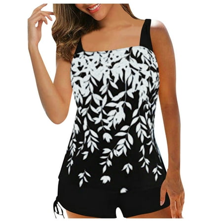

Calsunbaby 2Pcs Women Summer Swimwear Leaf Print Tank Tops Shorts Bikini Set Swimsuit Plus Size Beachwear White S