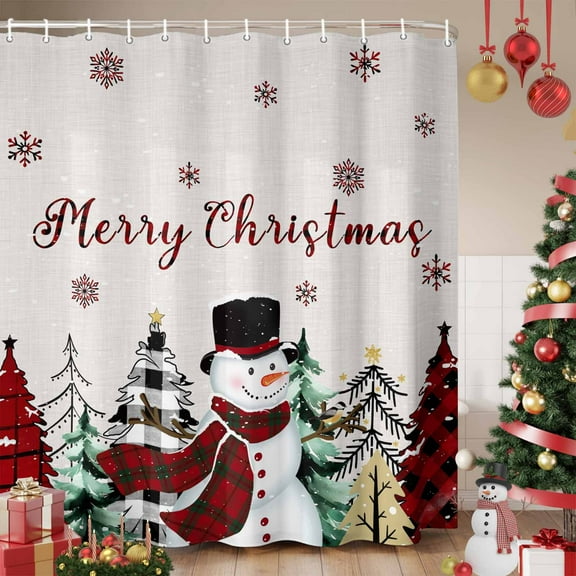 Beige Christmas Snowman Shower Curtain, Xmas Trees Winter Snowflake Waterproof Fabric Shower Curtains with 12 Hooks, Bathroom Curtain Set for Bathroom Accessories Decor, 54 x 78Inches