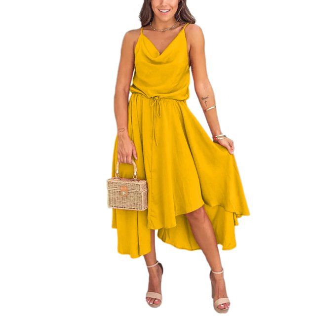 VISgogo Vestido largo holgado para mujer, color sólido, cuello en V, cordón en la cintura, sin mangas, vestido sin mangas VISgogo moda