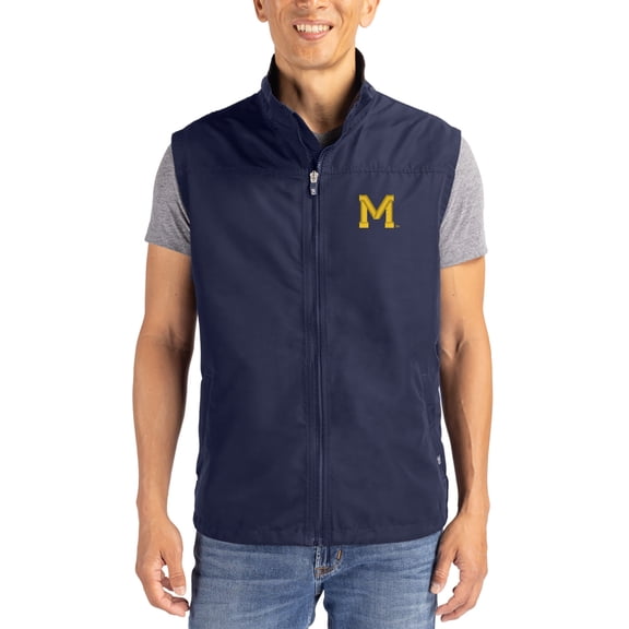 Men's Cutter & Buck Navy Michigan Wolverines Charter Eco Recycled Full-Zip Vest