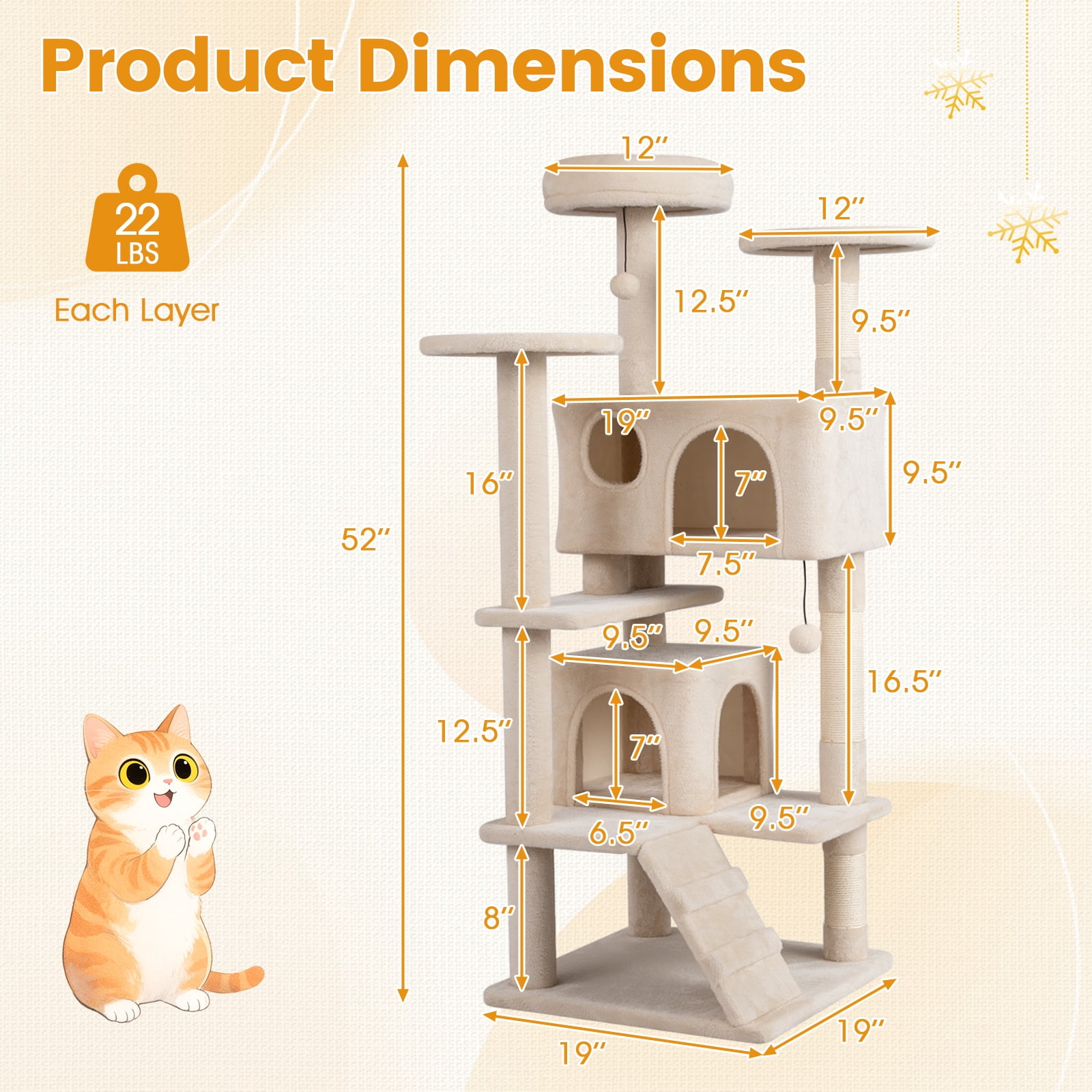Gymax 52'' Tall Cat Tree Tower w/2 Condos Plush Padded Perch Sisal Scratching Posts Beige