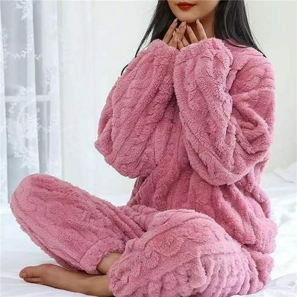 Women Fleece Pajamas Set Winter Sleepwear Solid Velvet 2 Piece Pant Home  Suit Fluffy Casual Pajamas Warm O-neck Night Wear 2023 