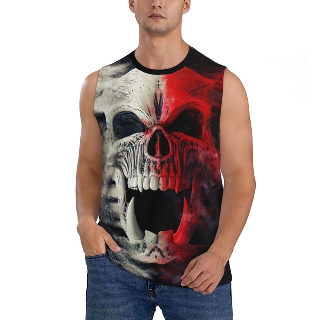 Fotbe Red And White Screaming Demon Skull Men's Camiseta sin Mangas Estampada para Hombres, Playera Casual para Gimnasio, Entrenamiento, Playa-XX-Large