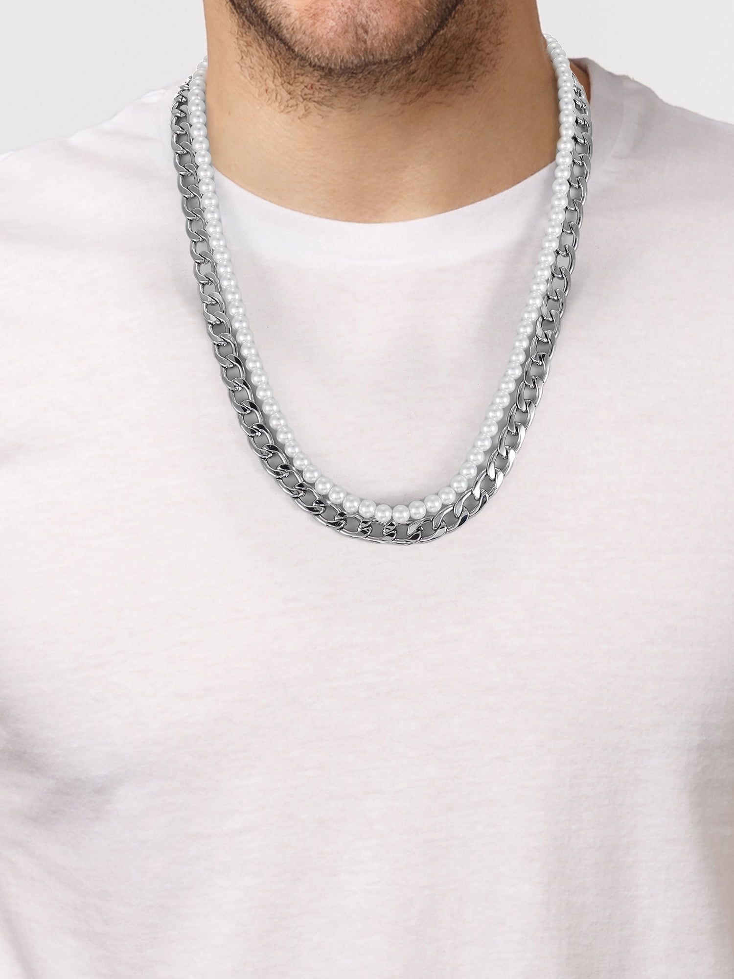 No Boundaries Men's Glass Pearl Necklace, White and Silver, 1 Pack