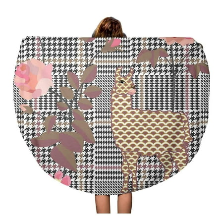 Embroidered Beach Towels SIDONKU 60 inch Round Beach Towel Blanket Checkered Embroidered Roses and Llamas Hounds Tooth Pattern English Travel Circle Circular Towels Mat Tapestry Beach Throw ()