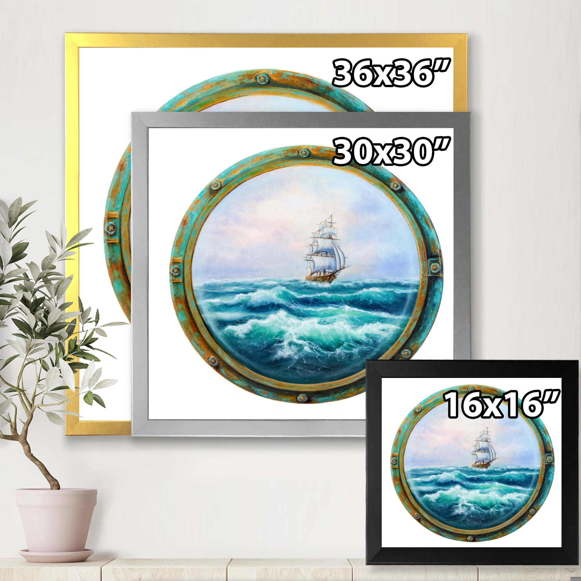 Designart 'Ship In Stormy Ocean Through Cabin Window' Nautical & Coastal Framed Art Print