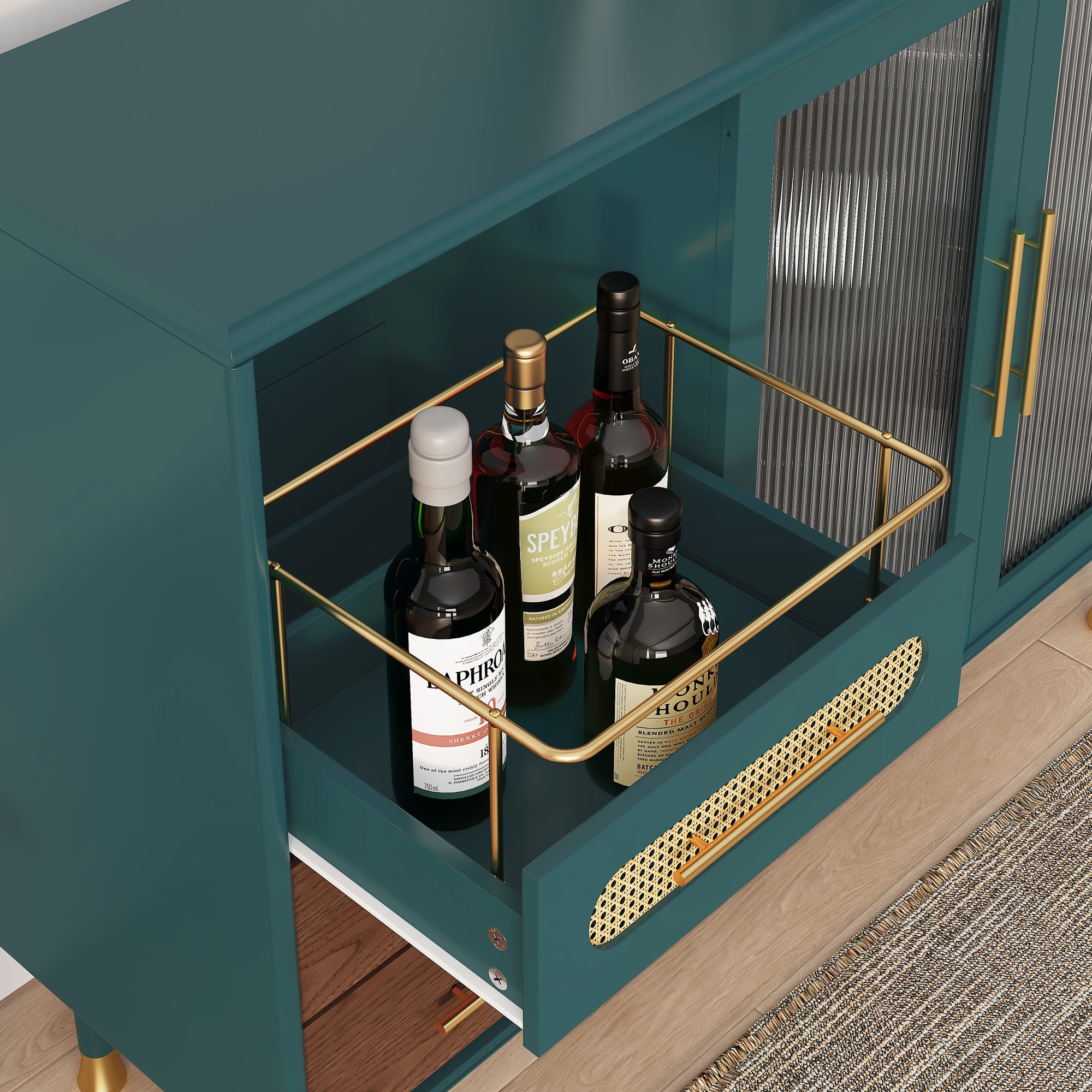 HLR 47.2" Coffee Wine Bar Cabinet with 2 Glass Doors, Modern Buffet Sideboard Table for Dining Room, Green