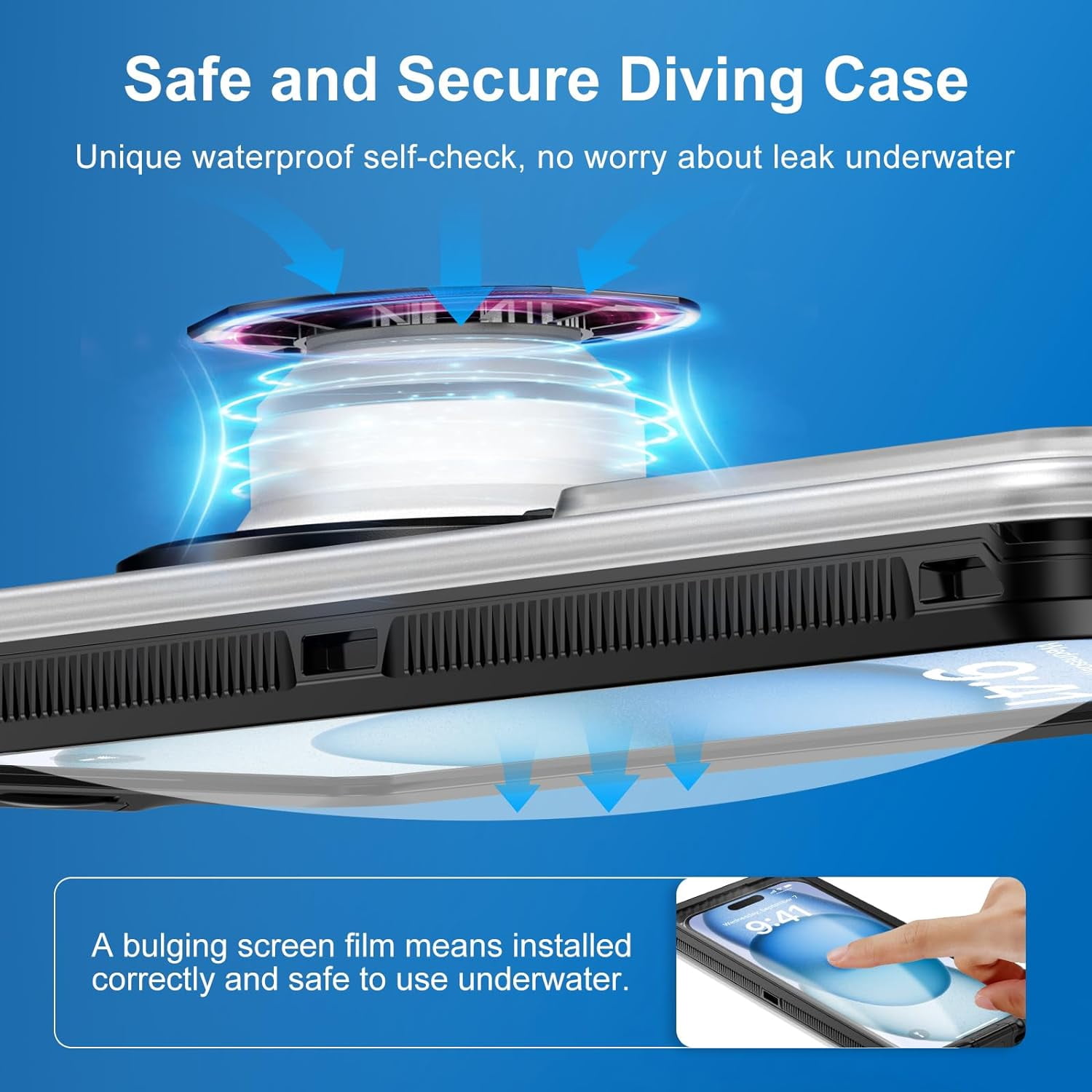 KOMI Waterproof Phone Case, Underwater Snorkeling Diving Phone Case, Universal Self-Check Water Proof Pouch Dry Bag Up to 6.9 Inch for iPhone 15/14/13/12/11/Samsung S24/S23/Google Series - Black