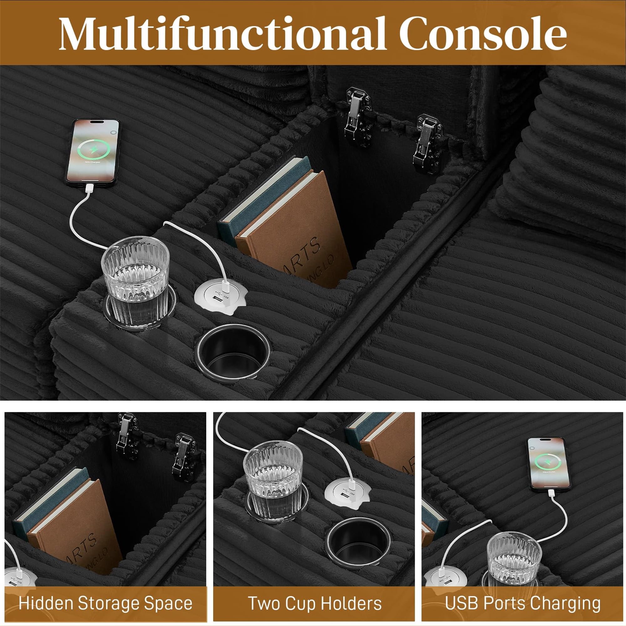 Aukfa 127" U-Shaped Cloud Sectional Sofa Oversized Modular Boneless Couch with USB & Cup Holder Storage Console for Living Room, Corduroy, Black